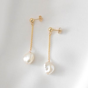 14K SOLID Gold Pearl Drop Earrings - Real Gold Pearl Earrings, Real Gold Pearl Dangle Earrings, Solid Gold Pearl Earrings