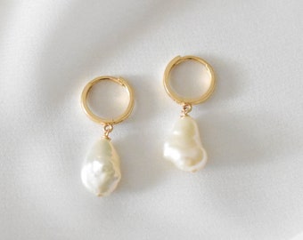 14K SOLID Gold Pearl Hoop Earrings - Real Gold Pearl Earrings, Real Gold Pearl Dangle Earrings, Solid Gold Pearl Earrings |SGE00002