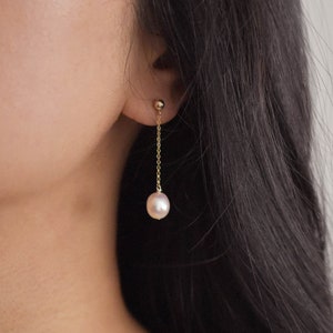 Pearl Drop Earrings 14K Gold Filled Pearl Earrings, Pearl Chain Earrings, Real Pearl Earrings, Elegant Earrings, Bridal Earrings GFE00047 image 2