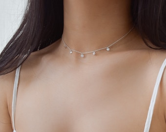 Silver Sparkly Choker - Sterling Choker, Dangle Choker, pretty choker, pretty necklace, Silver Choker, Silver Dainty Necklaces  |SSN00000