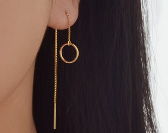 Pendientes Threader - Pendientes Rosca Rosca Oro, Pendientes Rosca Roscadas Rellenas de Oro, Pendientes de Cadena, Pendientes Circulares, Pendientes Cadena Oro /GFE00023