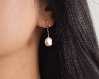 Circle Pearl Drop Earrings -  Pearl Dangle Earrings, Pearl Earrings Gold, Gold filled pearl earrings, Real Pearl Earrings |GFE00057