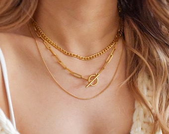 Toggle Layered Necklace Set - Toggle Necklace, Gold Chain Necklace, Chain Necklace Set, Layered Necklace Set, Paperclip necklace |GPN00049