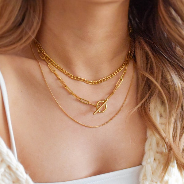 Toggle Layered Necklace Set - Toggle Necklace, Gold Chain Necklace, Chain Necklace Set, Layered Necklace Set, Paperclip necklace |GPN00049