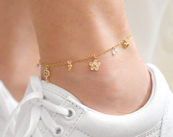 Sparkly Charm Anklet - gold filled anklet, charm anklet, pretty anklet, cute anklet, flower anklet, ankle bracelet, gold anklet |GFA00001