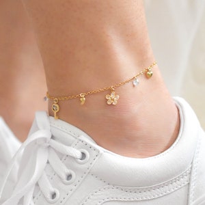 Sparkly Charm Anklet - gold filled anklet, charm anklet, pretty anklet, cute anklet, flower anklet, ankle bracelet, gold anklet |GFA00001