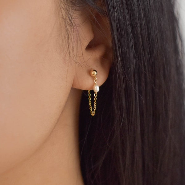 Pearl Chain Ear Jackets - Chain Earrings, Front Back Earrings, gold filled earrings, gold filled chain earrings, dainty earrings |GFE00037