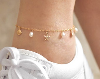 Beachy Charm Anklet - gold filled anklet, ankle bracelet, gold anklet, pearl anklet, shell anklet, seashell anklet, cute anklet |GFA00002