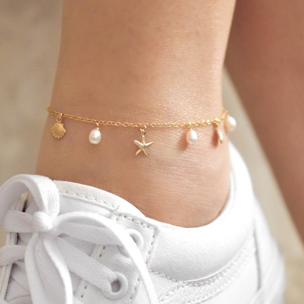 Beachy Charm Anklet - gold filled anklet, ankle bracelet, gold anklet, pearl anklet, shell anklet, seashell anklet, cute anklet |GFA00002