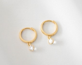 14K SOLID Gold White Topaz Huggie Earrings - Real Gold Huggie Earrings, Solid Gold Huggies, Solid Gold Hoops, Real Gold Hoops |SGE00008