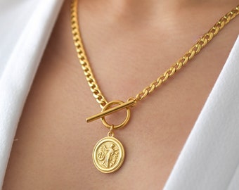 Toggle Coin Necklace - Greek Coin Necklace, Gold Coin Necklace, Toggle Necklace, Gold Toggle Necklace, Gold Coin Necklace  |GPN00029