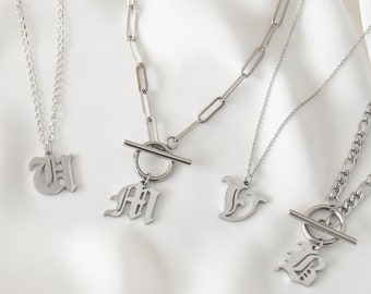 Silver Old English Necklace - toggle initial necklace, gothic letter necklace, gothic initial necklace, silver steel necklace |STN00006