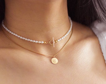 Pearl Choker - Pearl Choker Necklace, Pearl Chain necklace, Short Pearl Necklace, gold pearl choker, pearl toggle necklace |GFN00071