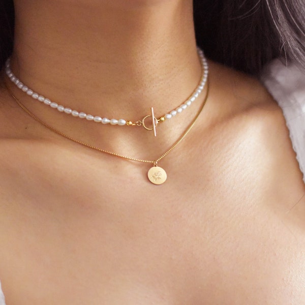 Pearl Choker - Pearl Choker Necklace, Pearl Chain necklace, Short Pearl Necklace, gold pearl choker, pearl toggle necklace |GFN00071