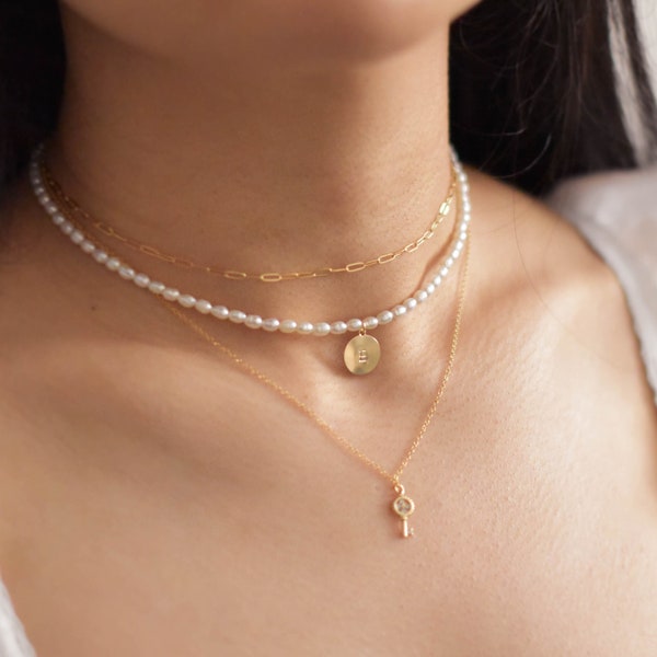 Pearl Initial Choker - Pearl Choker, initial choker, initial necklace, personalized choker, pearl chain necklace |GFN00072