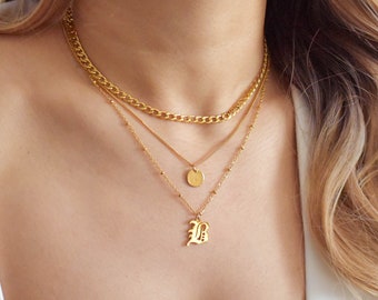 Old English Necklace Set - Layered Necklace Set, Initial Necklace Set, Gold Layered Necklaces, Initial Necklaces, Letter Necklace |GPN00047