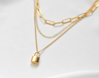 Lock Necklace Set - Padlock Necklace, Gold Lock Necklace, Simple Pendant Necklace, Lock Pendant, Padlock Pendant, Dainty Lock |GPN00050