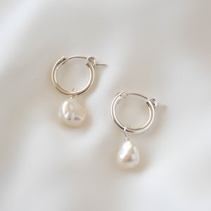 Pearl Silver Hoop Earrings - Silver Pearl Earrings, Pearl Hoop Earrings, Dainty Pearl Hoops, Small Hoop Earrings |SSE00000