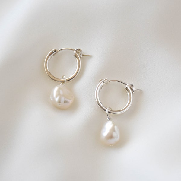 Pearl Silver Hoop Earrings - Silver Pearl Earrings, Pearl Hoop Earrings, Dainty Pearl Hoops, Small Hoop Earrings |SSE00000