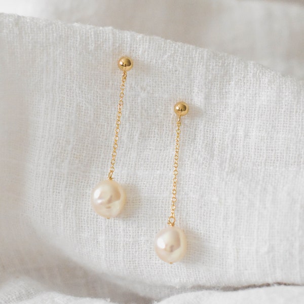 Pearl Drop Earrings - 14K Gold Filled Pearl Earrings, Pearl Chain Earrings, Real Pearl Earrings, Elegant Earrings, Bridal Earrings |GFE00047