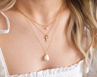 Pearl Necklace Set - 14k gold filled pearl necklaces, baroque pearl necklace, small pearl necklace, large pearl necklace |GFN00075