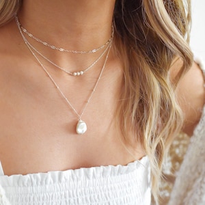 Conjunto de colar em camadas de prata com pérolas - Conjunto de colar em camadas de prata esterlina, colar de pérolas de prata, colares de prata delicados | SSN00005