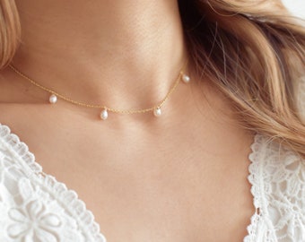 14K SOLID Gold Pearl Choker Necklace - Solid Gold Pearl Necklace, Solid Gold Pearl Choker, Real Gold Pearl Necklace |SGN00002