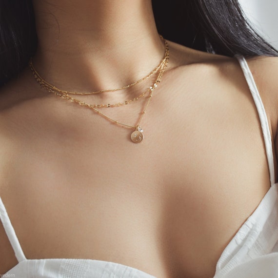 Chaîne En Or Fin Pour Femme - Breloque étoile/lune - Acier Inox Plaqué Or - Longueur 16.5 Pouces