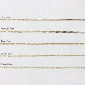 May include: Five different types of gold chains are displayed on a white background. The chains are labeled from top to bottom: Sleek chain, Fancy Link Chain, Figaro Chain, Beaded chain, and Classic Chain.