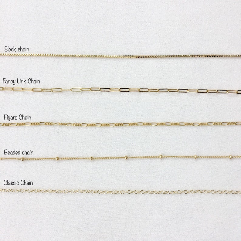 May include: Five different types of gold chains are displayed on a white background. The chains are labeled from top to bottom: Sleek chain, Fancy Link Chain, Figaro Chain, Beaded chain, and Classic Chain.