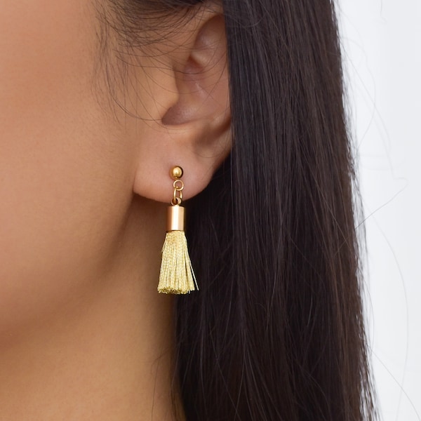 Mini Gold Tassel Earrings - tassel earrings, small tassel earrings, gold drop earrings, trendy earrings, gold dangle earrings |GPE00002