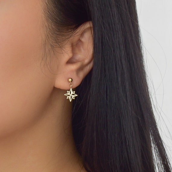 14k gold stars celestial Gold earrings gold star earrings matt gold jewellery gifts for her, North Star design star earrings