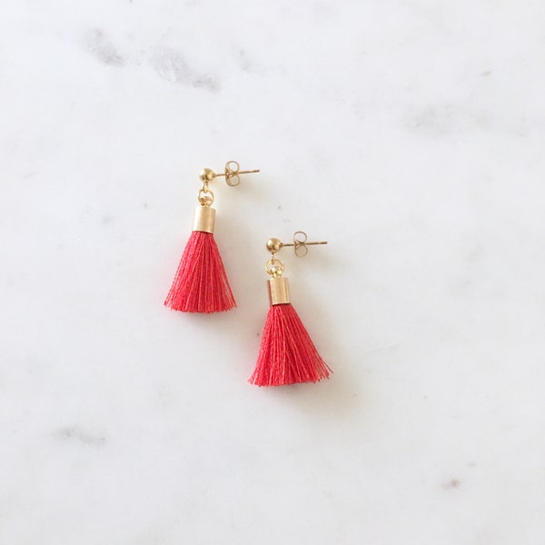 Mini Red Tassel Earrings - short tassel earrings, small tassel earrings, red drop earrings, trendy earrings, red dangle earrings  |GPE00006