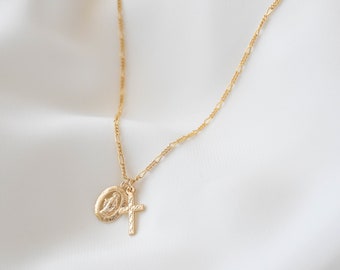 Mary Cross Figaro Necklace - Virgin Mary Necklace, Cross Necklaces, Gold filled mary necklace, gold filled cross necklaces  |GFN00034