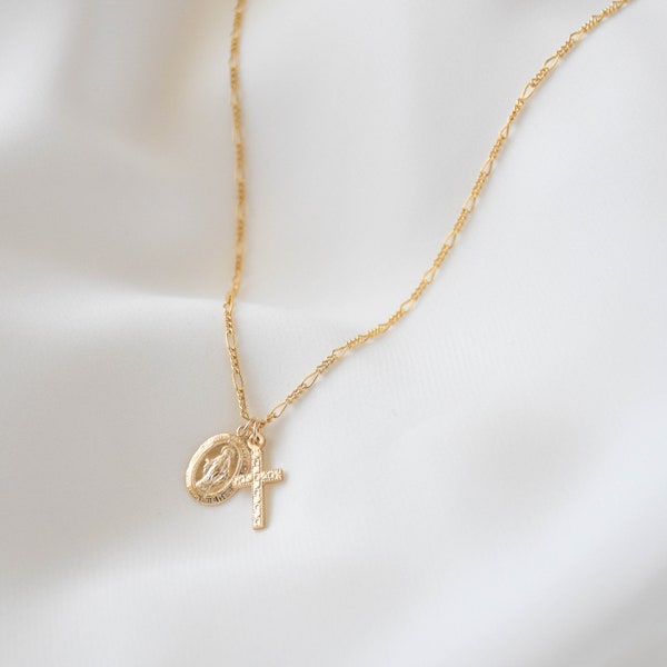 Mary Cross Figaro Necklace - Virgin Mary Necklace, Cross Necklaces, Gold filled mary necklace, gold filled cross necklaces  |GFN00034
