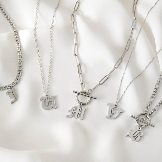 Gothic Initial Necklace silver custom necklace initial jewelry personalized  necklace old english font old english initial