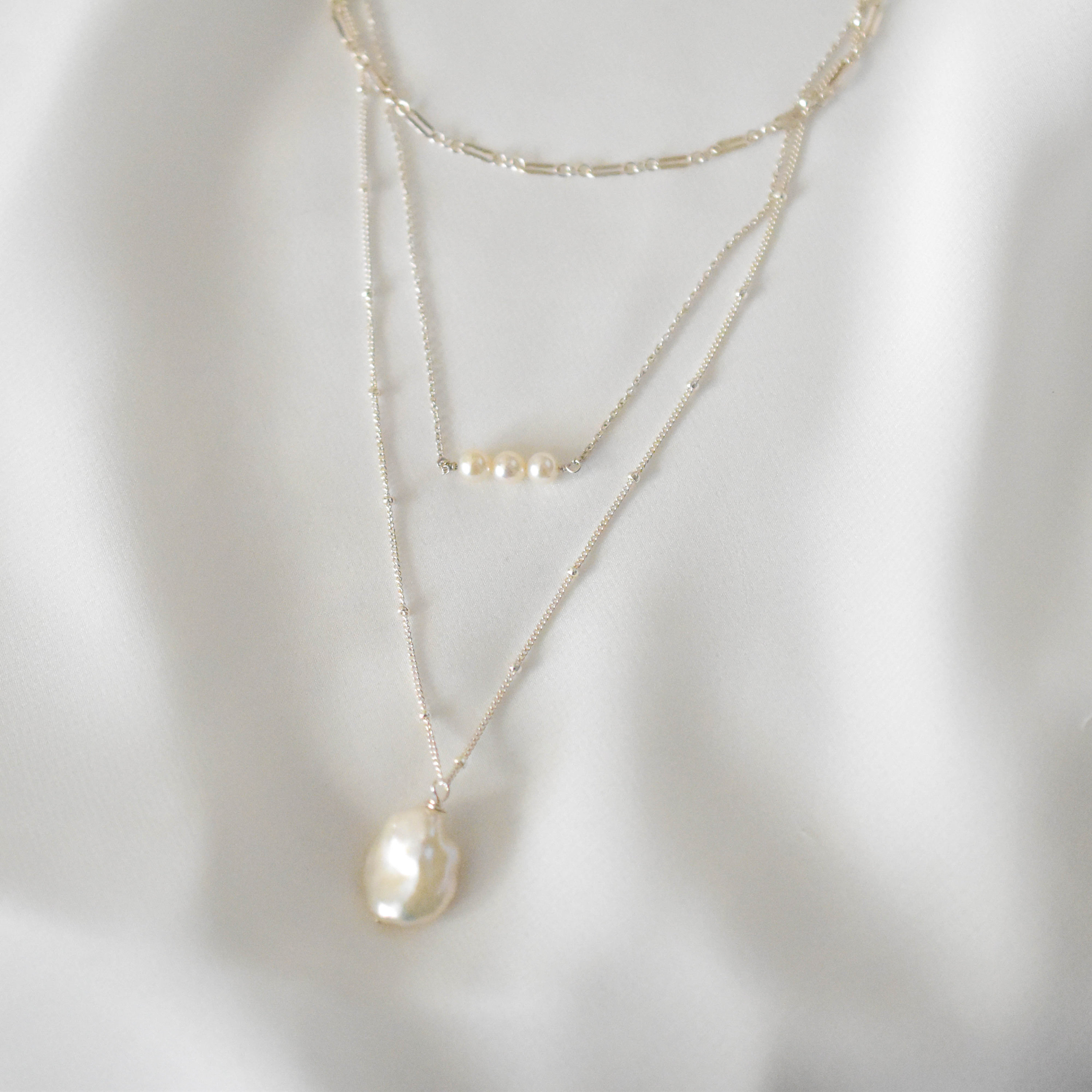 Silver Layered Necklace Set With Pearls Sterling Silver Etsy