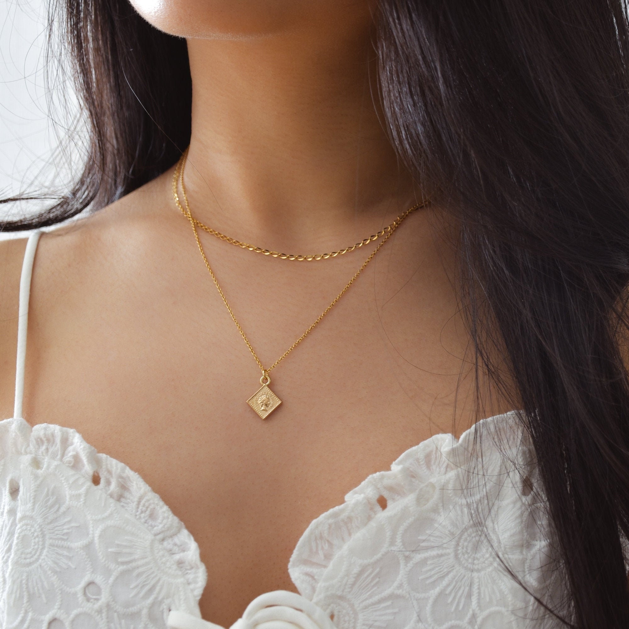 Square Pendant Layered Necklace Set Square Pendant Necklace Etsy