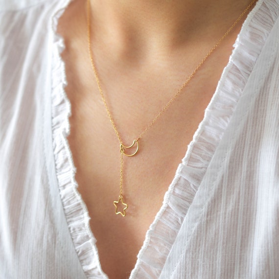 gold star necklace gold moon necklace pretty necklaces |GFN00035 gold filled moon necklace gifts for gf Moon and Stars Necklace