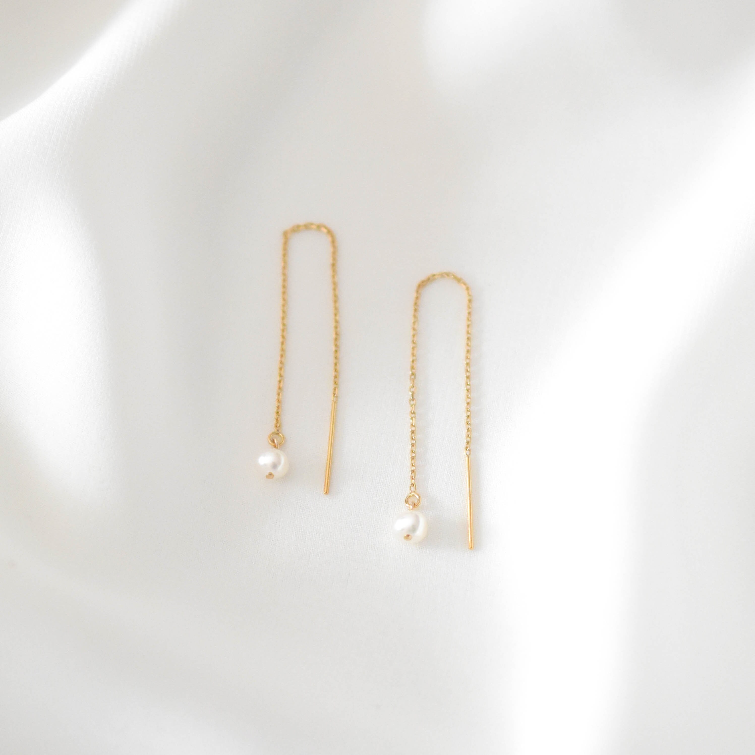 14K SOLID Gold Pearl Threader Earrings - 14k gold threader earrings, Real Gold Pearl Earrings, Pearl Dangle Earrings