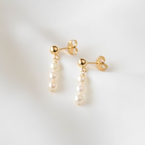 14K Solid Gold Pearl Bar Earrings - Solid Gold Pearl Earrings,  Real Gold Earrings, Real Gold Pearl Earrings, Real Pearl Earrings |SGE00004