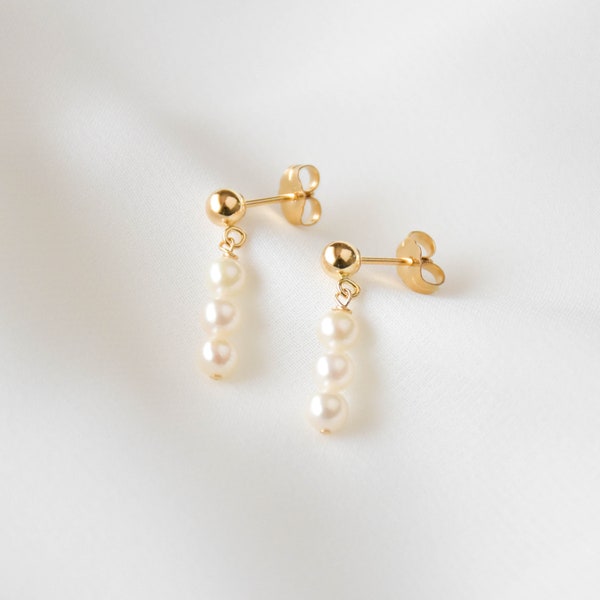 14K Solid Gold Pearl Bar Earrings - Solid Gold Pearl Earrings,  Real Gold Earrings, Real Gold Pearl Earrings, Real Pearl Earrings |SGE00004