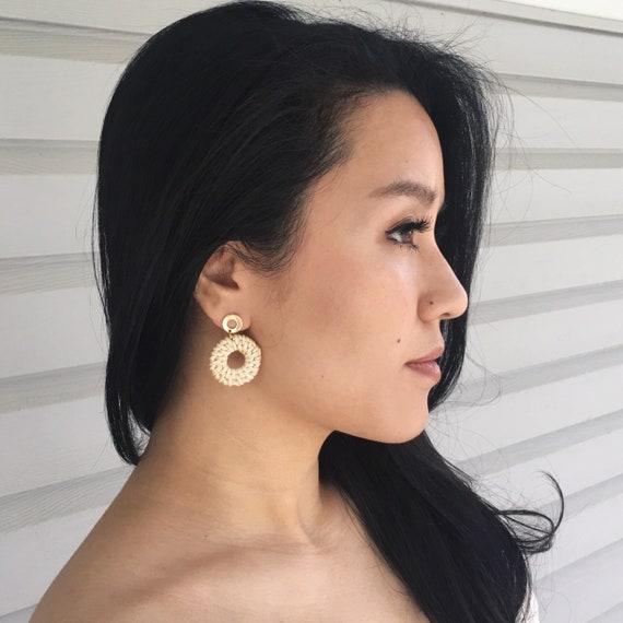 Circle Rattan Earrings - Wicker Earrings, Wooden Earrings