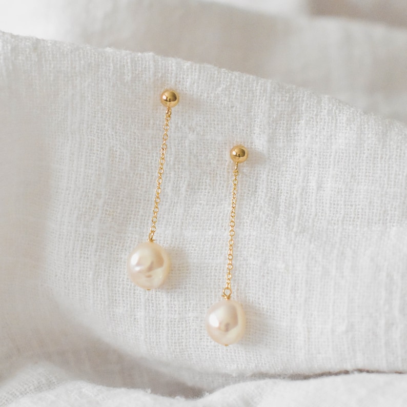 Pearl Drop Earrings 14K Gold Filled Pearl Earrings, Pearl Chain Earrings, Real Pearl Earrings, Elegant Earrings, Bridal Earrings GFE00047 image 1