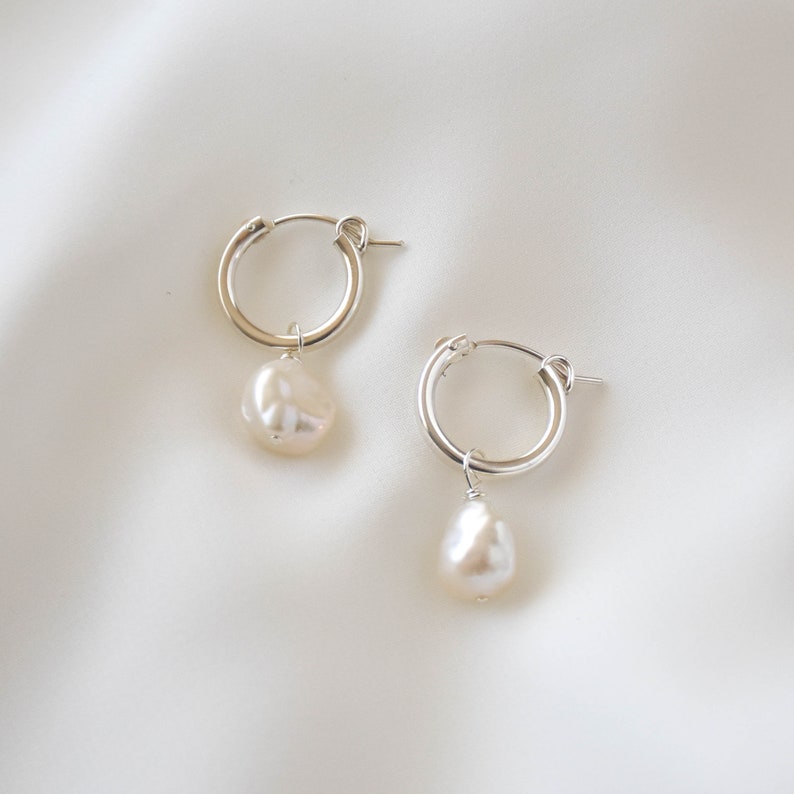Pearl Silver Hoop Earrings Silver Pearl Earrings Pearl Hoop Etsy