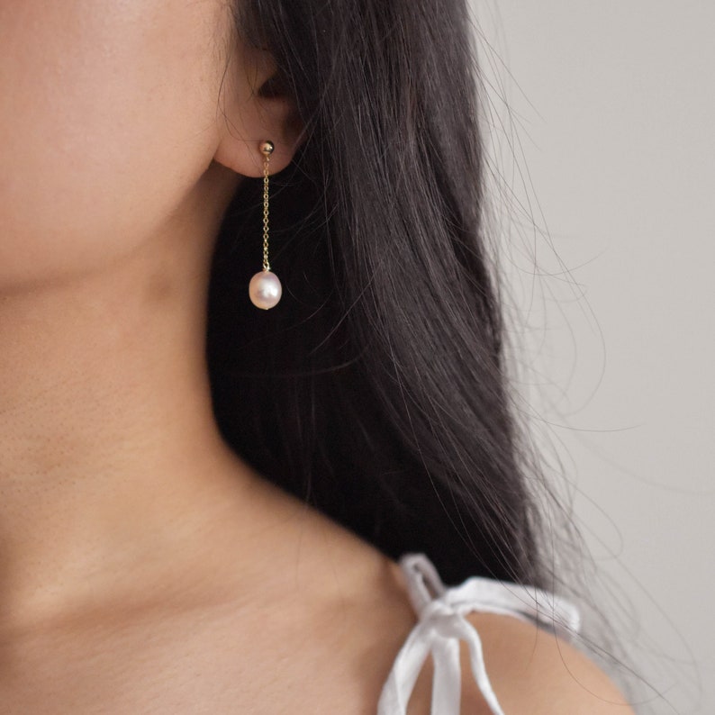 Pearl Drop Earrings 14K Gold Filled Pearl Earrings, Pearl Chain Earrings, Real Pearl Earrings, Elegant Earrings, Bridal Earrings GFE00047 image 2