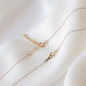 May include: A gold chain necklace with a lobster clasp closure and an extender chain. The chain is delicate and has a fine, linked design.