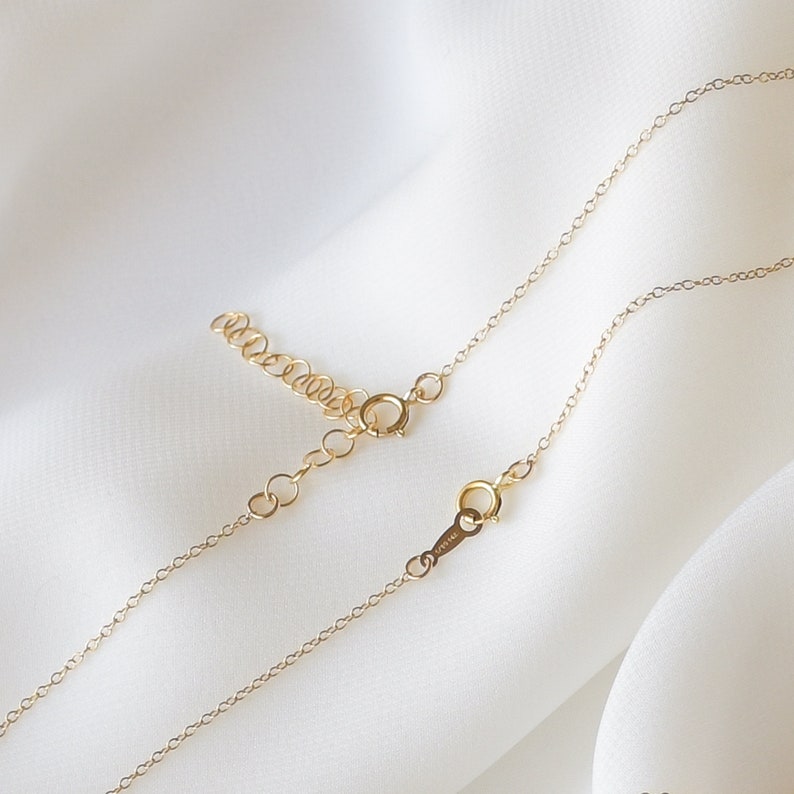 May include: A gold chain necklace with a lobster clasp closure and an extender chain. The chain is delicate and has a fine, linked design.