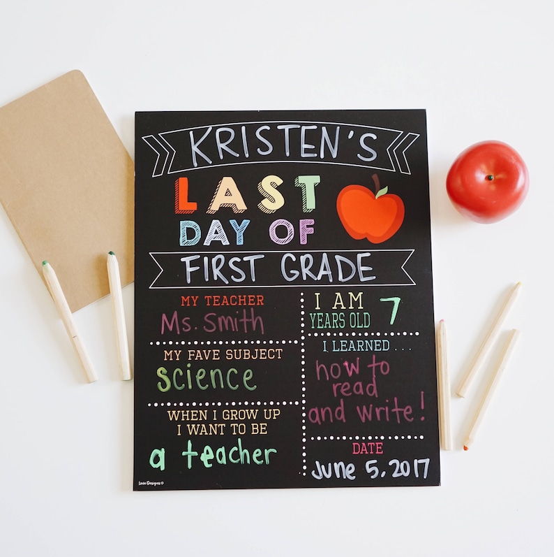 May include: A black chalkboard sign with the text "Kristen's Last Day of First Grade". The sign includes details about the student's teacher, age, favorite subject, and what they learned. The date is June 5, 2017.