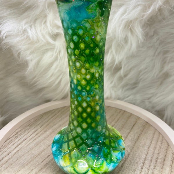 Milk glass Flower vase, epoxy alcohol ink swirl design - green yellow blue